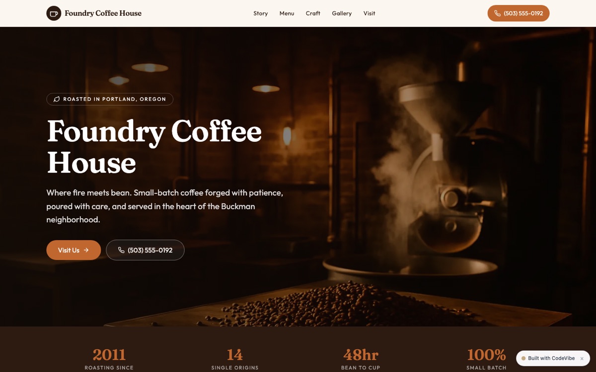 Foundry Coffee House — website built on CodeVibe
