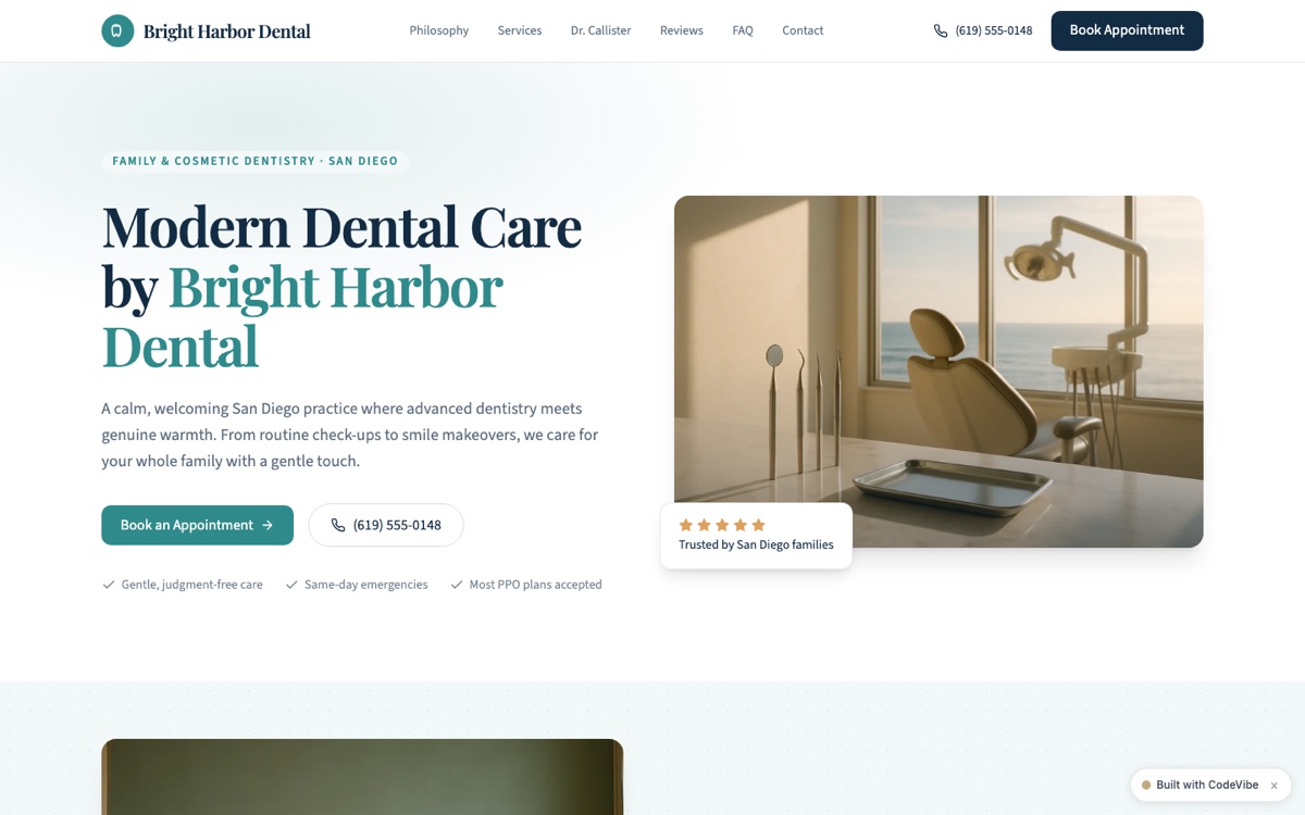 Bright Harbor Dental — website built on CodeVibe
